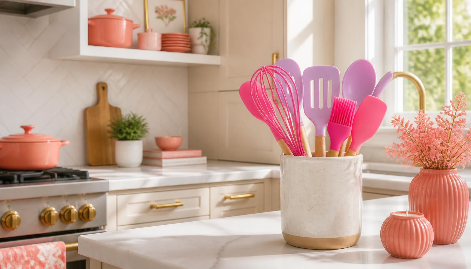 Bright modern kitchen counter with pink and lilac utensils in a ceramic crock